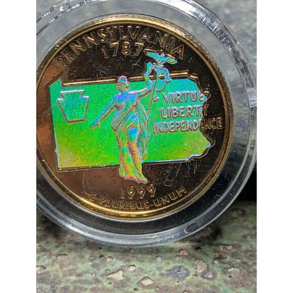 1999-D Pennsylvania Quarter – Gold-Plated, Hologram, Capsule - Picture 1 of 2